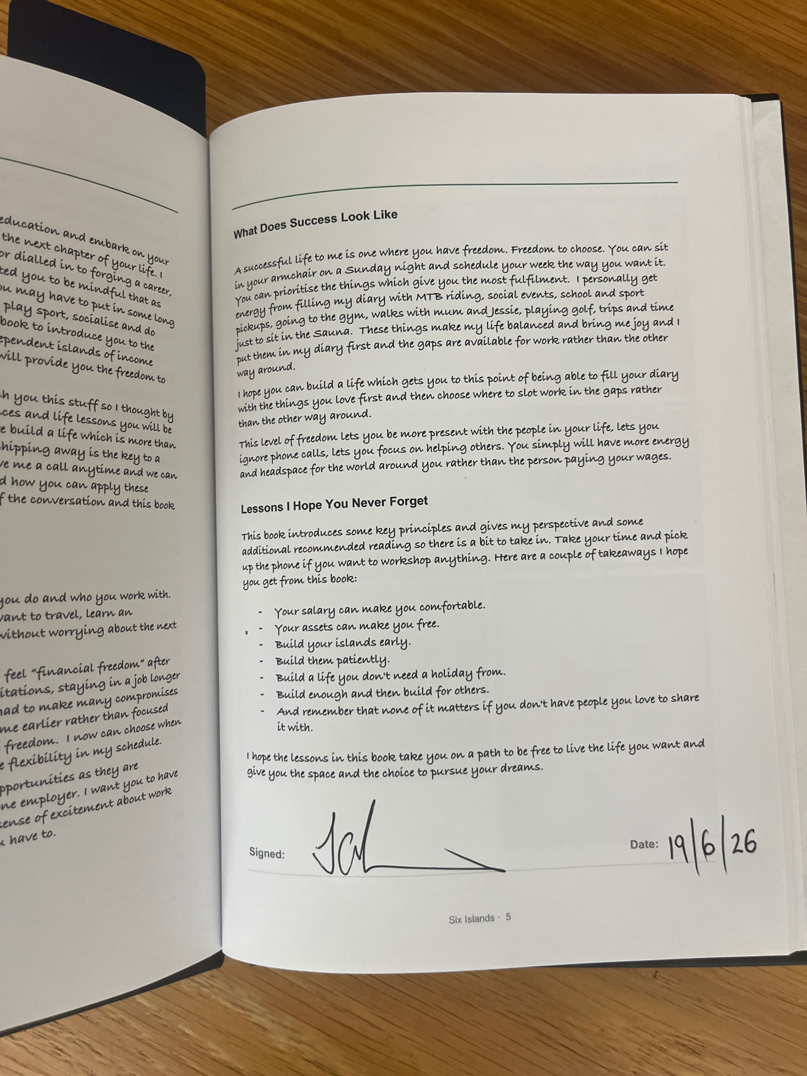 A signed dedication page inside a completed Six Islands book