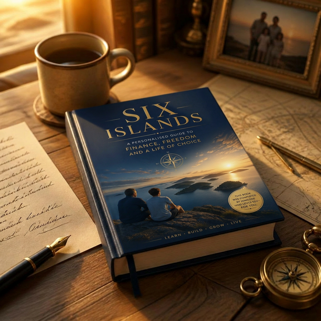 A Six Islands hardcover book on a timber desk at sunrise - closed, opening, and open to an illustrated map spread with a handwritten note to a child.