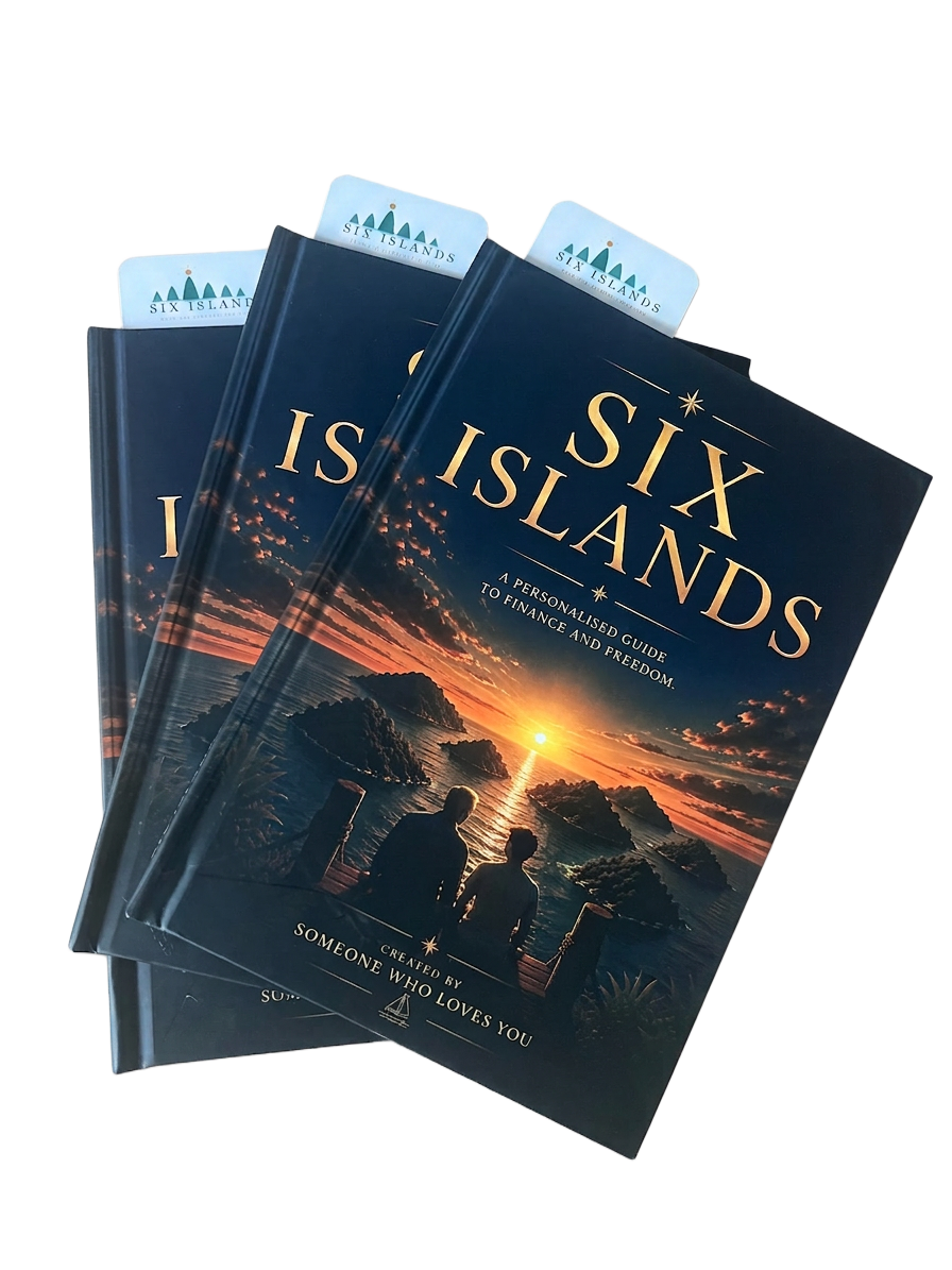 Six Islands hardcover book — a personalised guide to finance and freedom